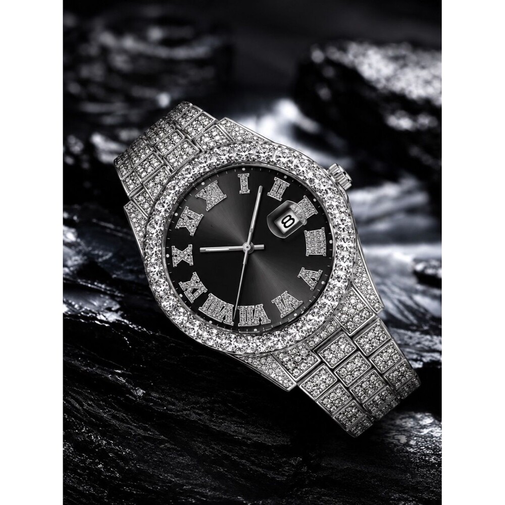 Iced Out Bustdown Watch Black Dial VVS Simulated Diamond Date Hip Hop Steel Lux